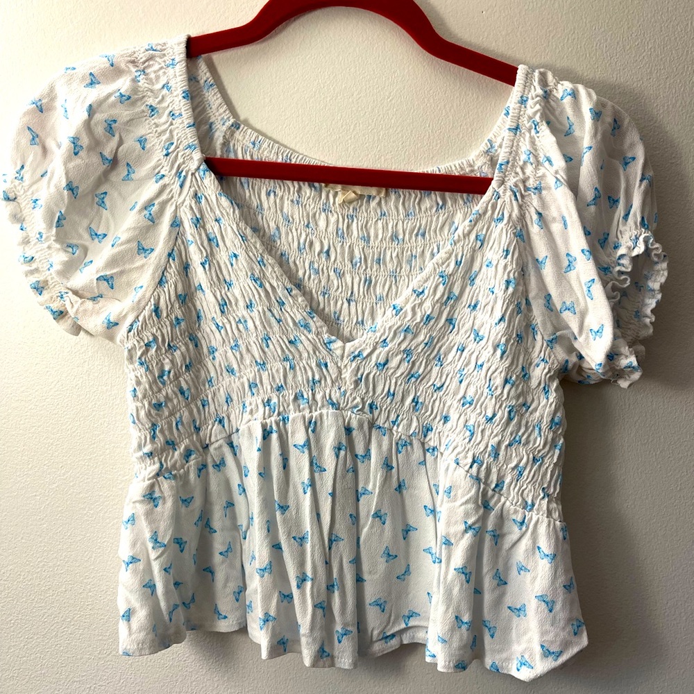 Pacsun LA Hearts top. Size S. White with light blue butterflies